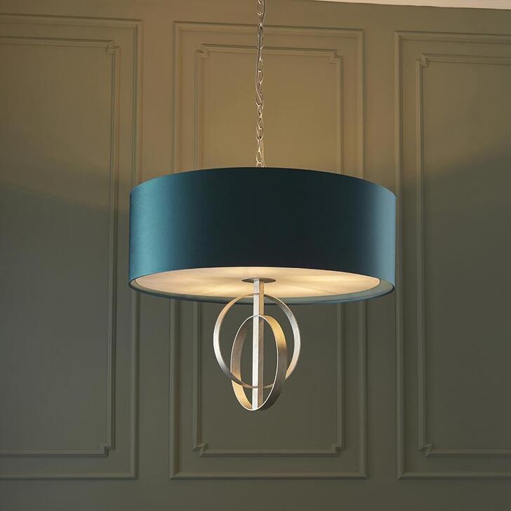 Thorlight Noor Antique Silver Leaf 5 Light Pendant Complete With Satin Teal Fabric Shade & Vintage White Diffuser