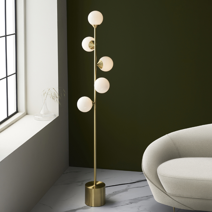 Thorlight Orson 5 Light Floor Lamp Satin Brushed Gold With Frosted Glass Globes