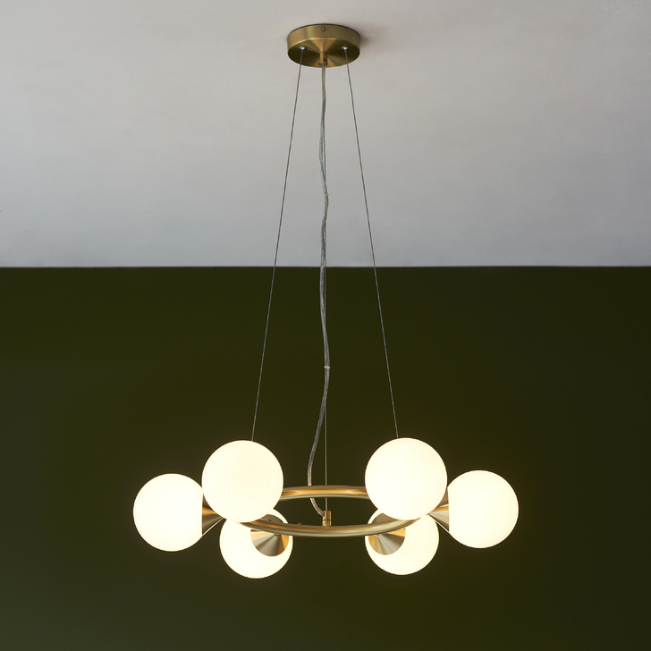 Thorlight Orson 6 Light Round Pendant Satin Brushed Gold With Frosted Glass Globes