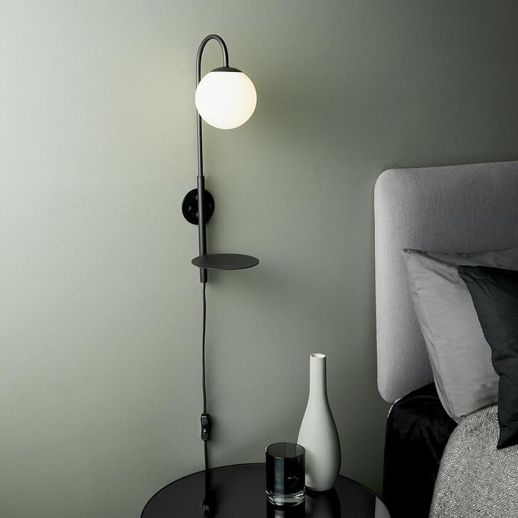 Thorlight Phoenix Satin Black Painted Plug-In Wall Light With Opal Glass Globe and Shelf