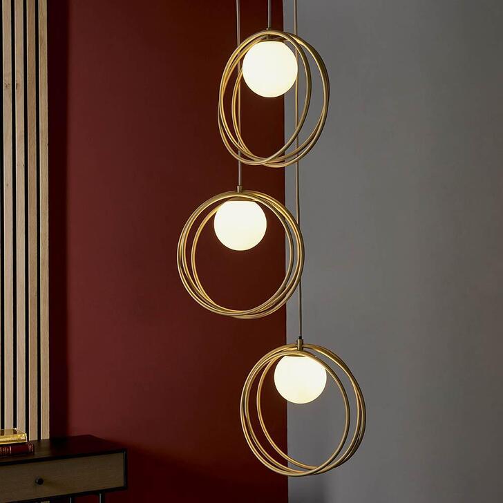 Thorlight Ravi Brushed Gold Finish 3 Light Cluster Pendant Complete With Glossy Opal Glass Globes