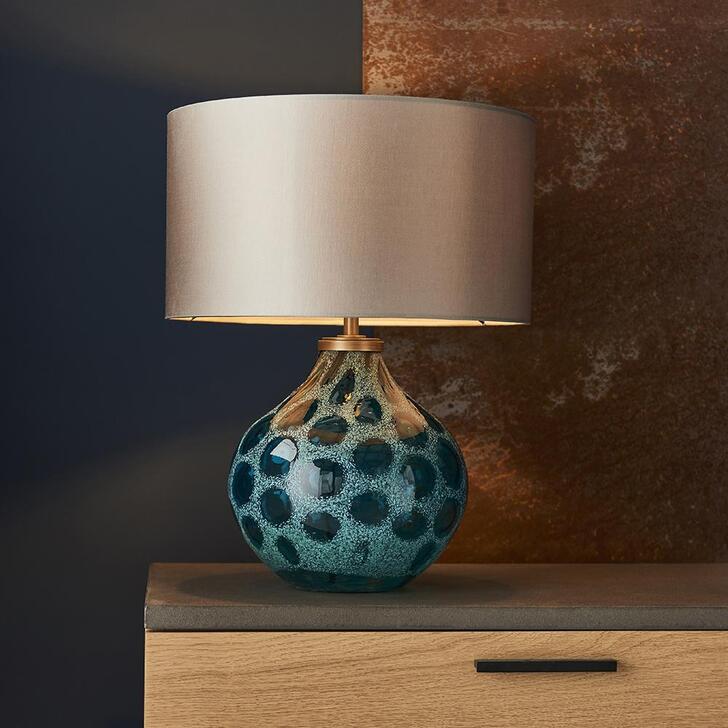 Thorlight Roan Teal Tinted Artisan Glass Table Lamp Complete With Antique Brass Detailing