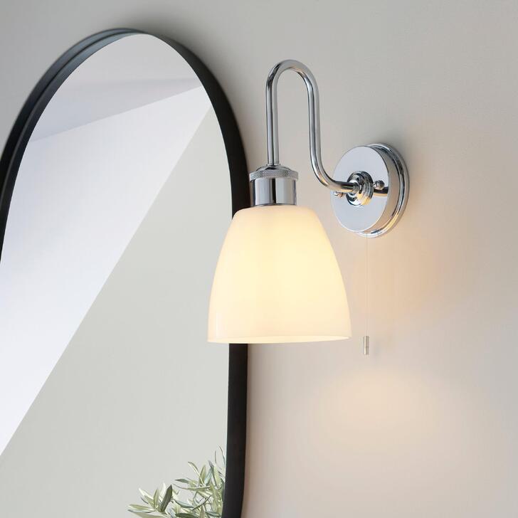 Thorlight Silas Polished Chrome Single Bathroom Wall Light With Gloss Opal Glass Shade - IP44