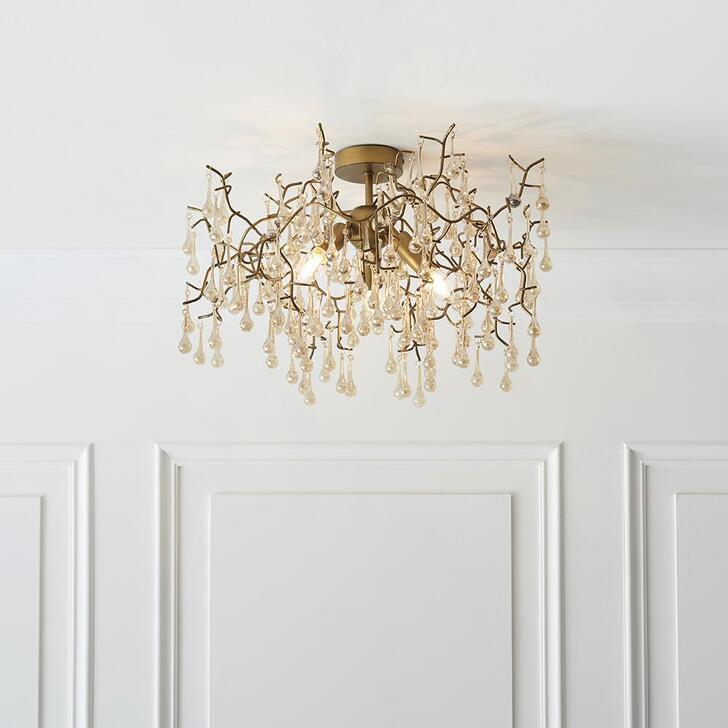 Thorlight Tova Aged Gold Finish 3 Light Semi Flush Ceiling Light Complete With Champagne Glass Teardrops