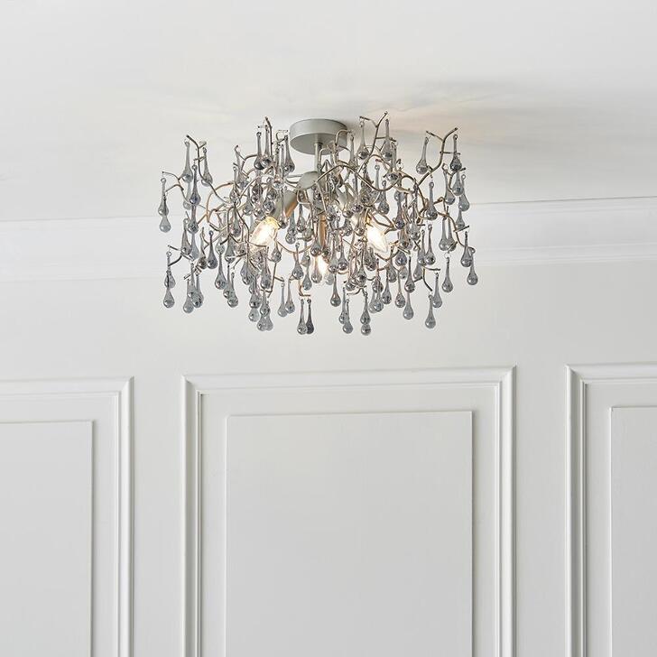 Thorlight Tova Aged Silver Finish 3 Light Semi Flush Ceiling Light Complete With Smokey Grey Tinted Glass Teardrops