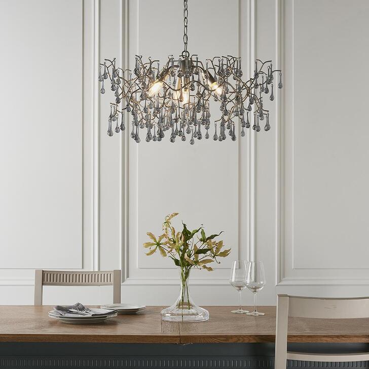 Thorlight Tova Aged Silver Finish 4 Light Pendant Complete With Smokey Grey Tinted Glass Teardrops