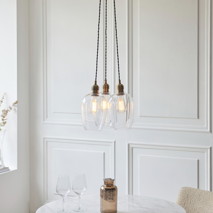 Thorlight Trentham 3 Light Antique Brass Cluster Pendant Light Complete With Clear Glass