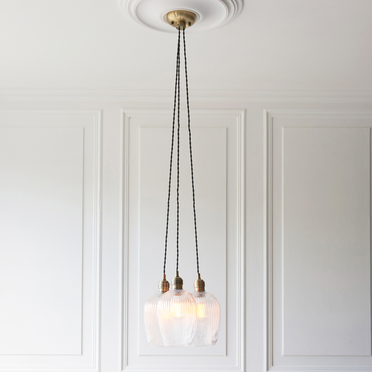 Thorlight Trentham 3 Light Antique Brass Cluster Pendant Light Complete With Clear Ribbed Glasses