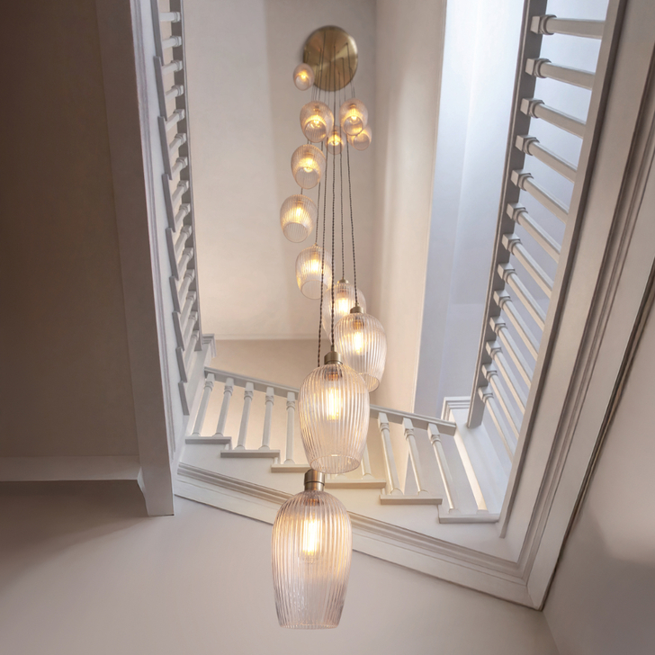 Thorlight Trentham Large 13 Light Antique Brass Stairway Cascade Light Complete With Clear Ribbed Glass Shades