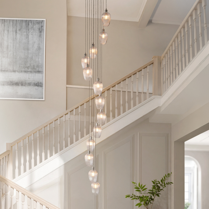 Thorlight Trentham Large 13 Light Polished Nickel Stairway Cascade Light Complete With Clear Ribbed Glass Shades