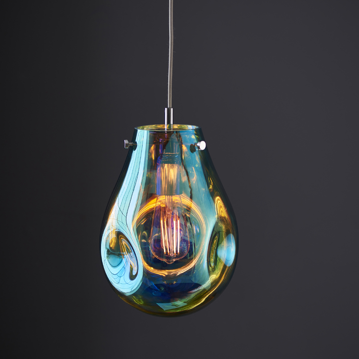 Thorlight Xian Small Single Pendant Light Polished Chrome With Petrol Effect Dimpled Glass