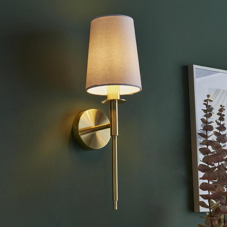 Thorlight Zadie Satin Brass Single Wall Light Complete With Vintage White Cotton Fabric Shade