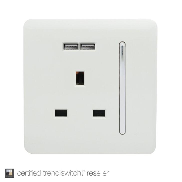 Trendi, Artistic Modern 1 Gang 13Amp Switched Socket With 2 x USB Ports Gloss White Finish