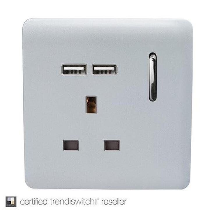 Trendi, Artistic Modern 1 Gang 13Amp Switched Socket With 2 x USB Ports Silver Finish