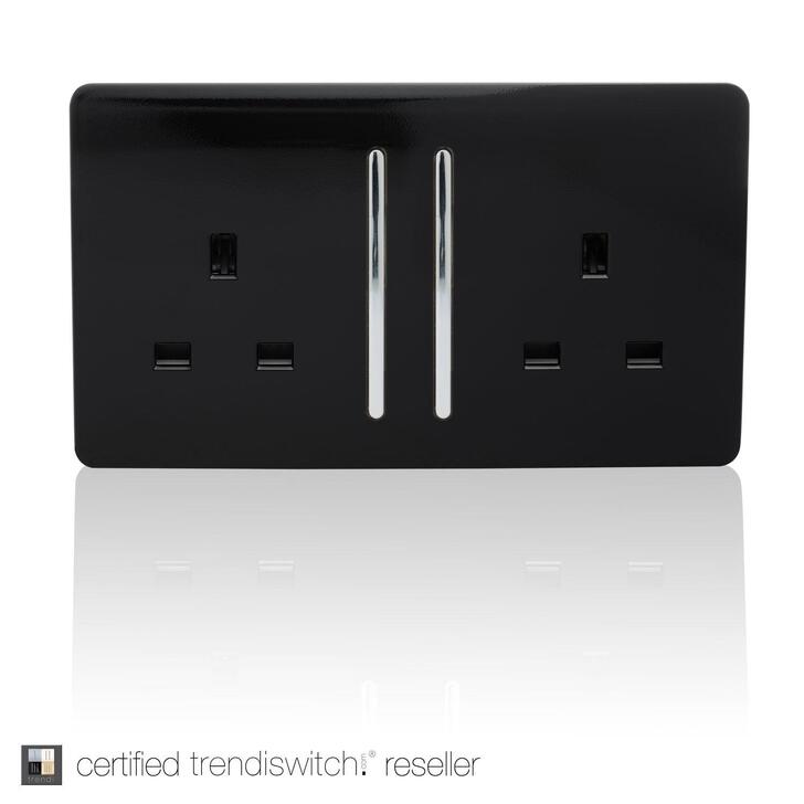 Trendi, Artistic Modern 2 Gang 13Amp Long Switched Double Socket Gloss Black Finish