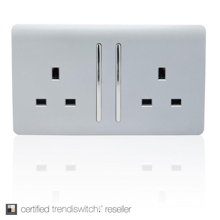 Trendi, Artistic Modern 2 Gang 13Amp Long Switched Double Socket Silver Finish