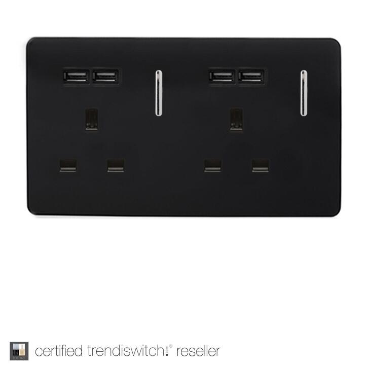 Trendi, Artistic Modern 2 Gang 13Amp Switched Double Socket With 4X 2.1Mah USB Gloss Black Finish