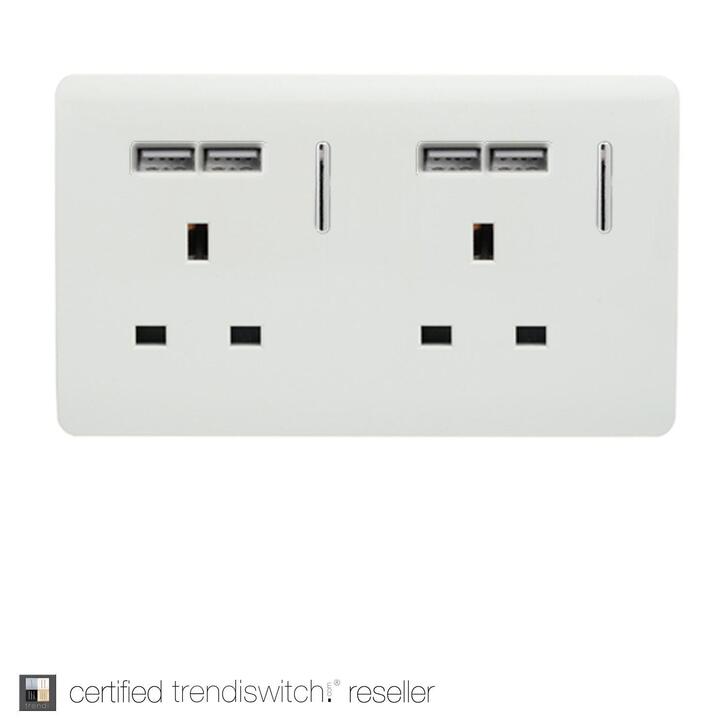 Trendi, Artistic Modern 2 Gang 13Amp Switched Double Socket With 4X 2.1Mah USB Gloss White Finish