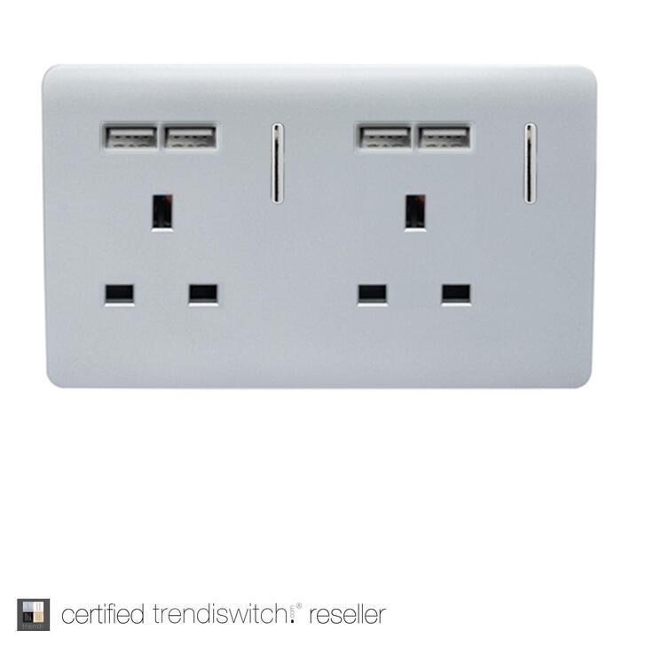 Trendi, Artistic Modern 2 Gang 13Amp Switched Double Socket With 4X 2.1Mah USB Silver Finish