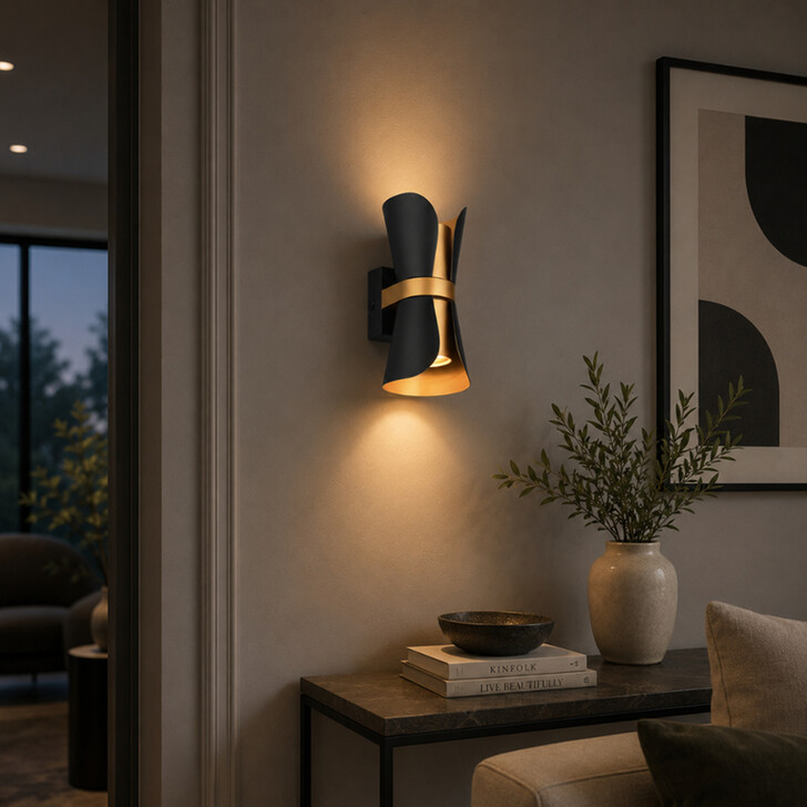 Trio Lighting Coat Up & Down Curved Wall Light Matt Black & Gold Finish