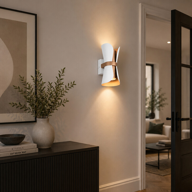 Trio Lighting Coat Up & Down Curved Wall Light Matt White & Coffee Finish