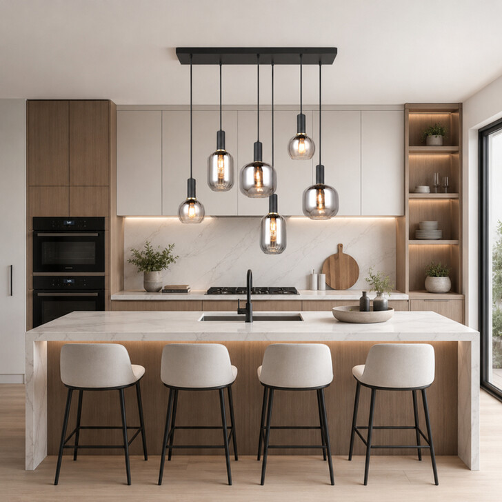 Trio Lighting Diva 6 Light Rectangular Island Pendant Matt Black With Chrome Plated Assorted Glasses