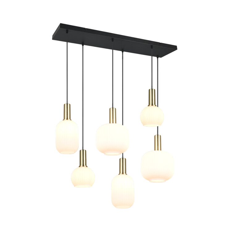 Trio Lighting Diva 6 Light Rectangular Island Pendant Matt Brass/Black With Opal Assorted Glasses