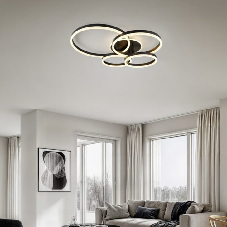 Trio Lighting Drake Matt Black 4 Ring LED Flush Ceiling Light - CCT 2700K - 6500K, Dimmable