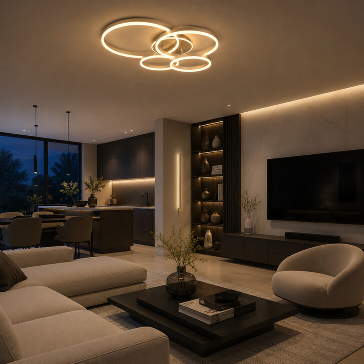 Trio Lighting Drake Matt Nickel 4 Ring LED Flush Ceiling Light - CCT 2700K - 6500K, Dimmable