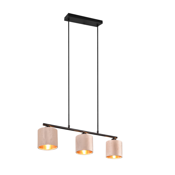 Trio Lighting Julieta 3 Light Linear Island Pendant Matt Black With Fawn Velvet Shade With Gold Lining