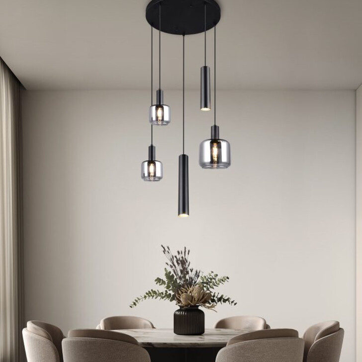 Trio Lighting Mataro 5 Light Clsuter Pendant Matt Black With Chrome Plated Glasses