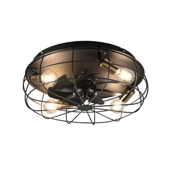 Trio Lighting Trondheim Matt Black Inustrial Cage Style Remote Control Ceiling Fan