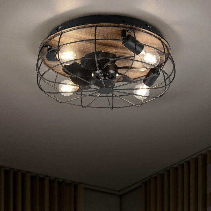Trio Lighting Trondheim Matt Black/Wood Inustrial Cage Style Remote Control Ceiling Fan