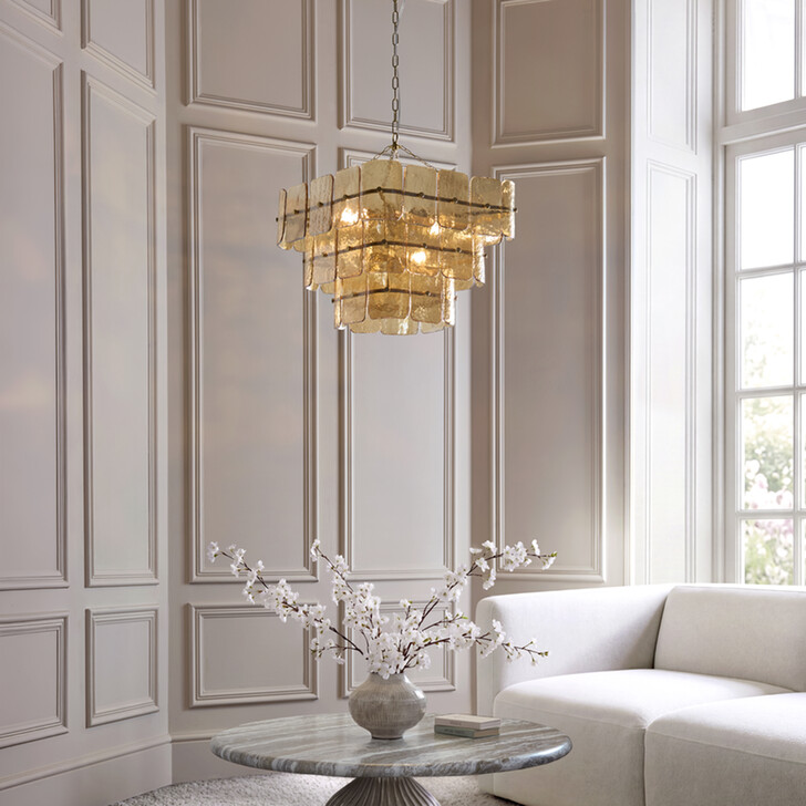 Venice 10 Light Brushed Brass Finish Pendant Light Complete With Champagne Textured Glass