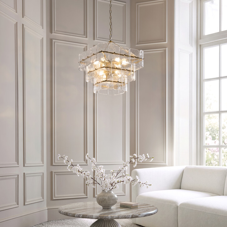 Venice 10 Light Brushed Brass Finish Pendant Light Complete With Clear Textured Glass