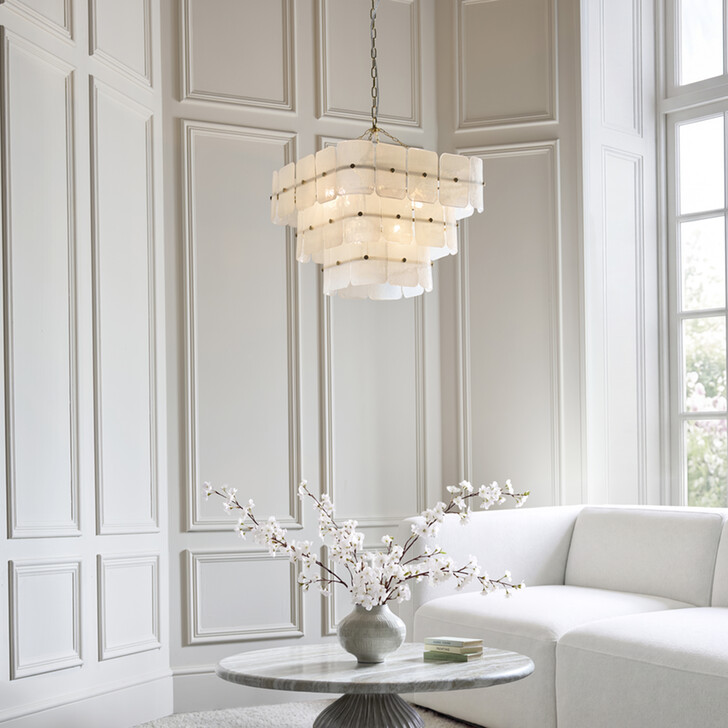 Venice 10 Light Brushed Brass Finish Pendant Light Complete With White Textured Glass