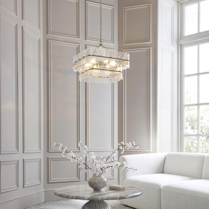 Venice 6 Light Brushed Brass Finish Pendant Light Complete With Clear Textured Glass