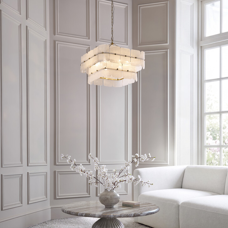Venice 6 Light Brushed Brass Finish Pendant Light Complete With White Textured Glass