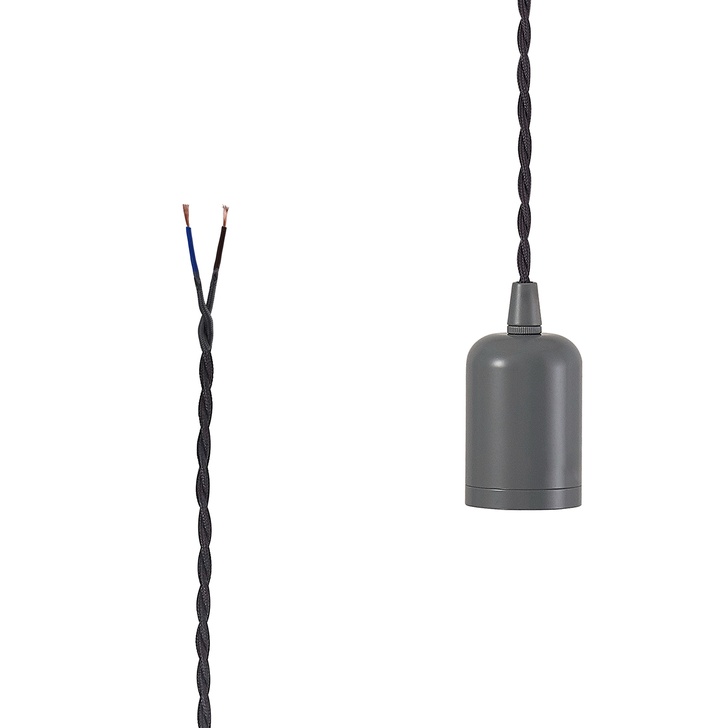 Warm Grey E27 Metal Lampholder Kit With Cable Clamp And 3m Grey Braided Twisted Cable