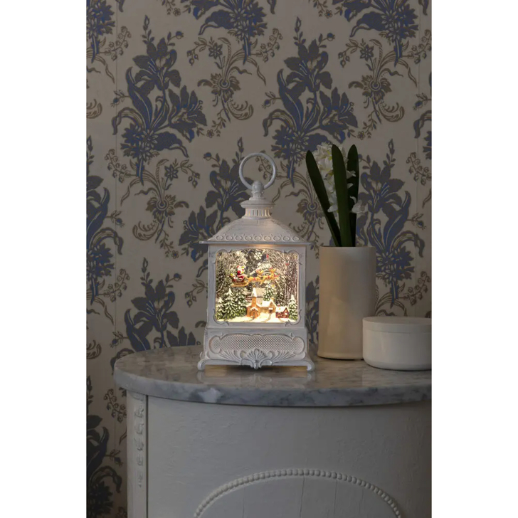 Water Lantern Small White, Santa over Village Timer 5H 3 x C