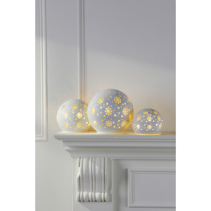 WHITE GLASS SNOWFLAKE ORNAMENT SET OF 3 - Battery Operated (6 X AA - Not Included)