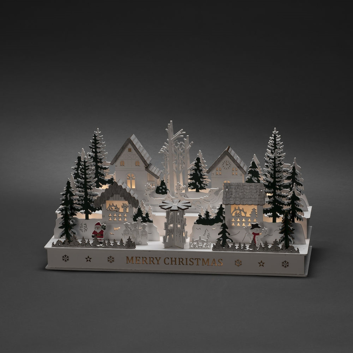 White Wooden Silhouette Village Christmas Decoration With Warm White LEDs