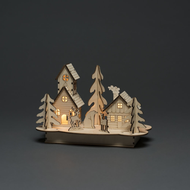 Wooden Silhouette Houses and Animals Christmas Decoration Battery Powered