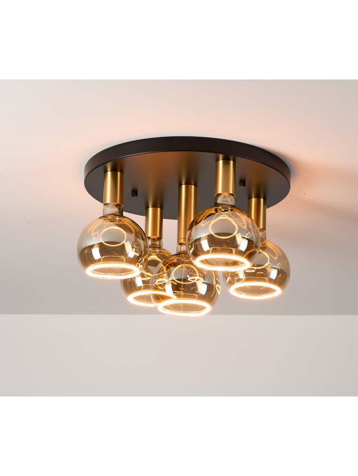 Angel Black And Gold 5 Light Semi Flush Ceiling Light Complete With Smoked Angel LED Globes