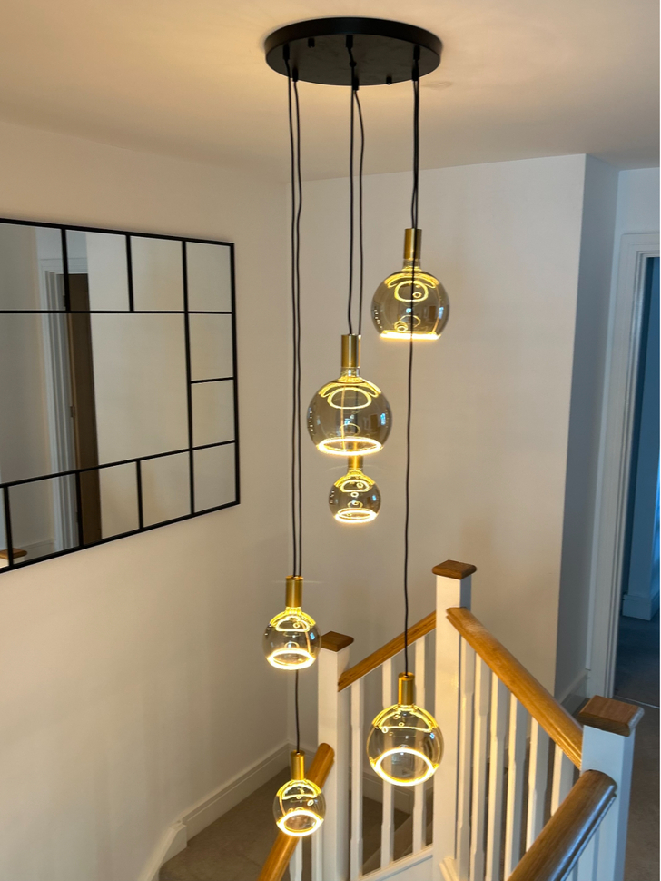 Angel Black And Gold 6 Light Cluster Pendant Complete With Assorted Smoked Angel LED Globes