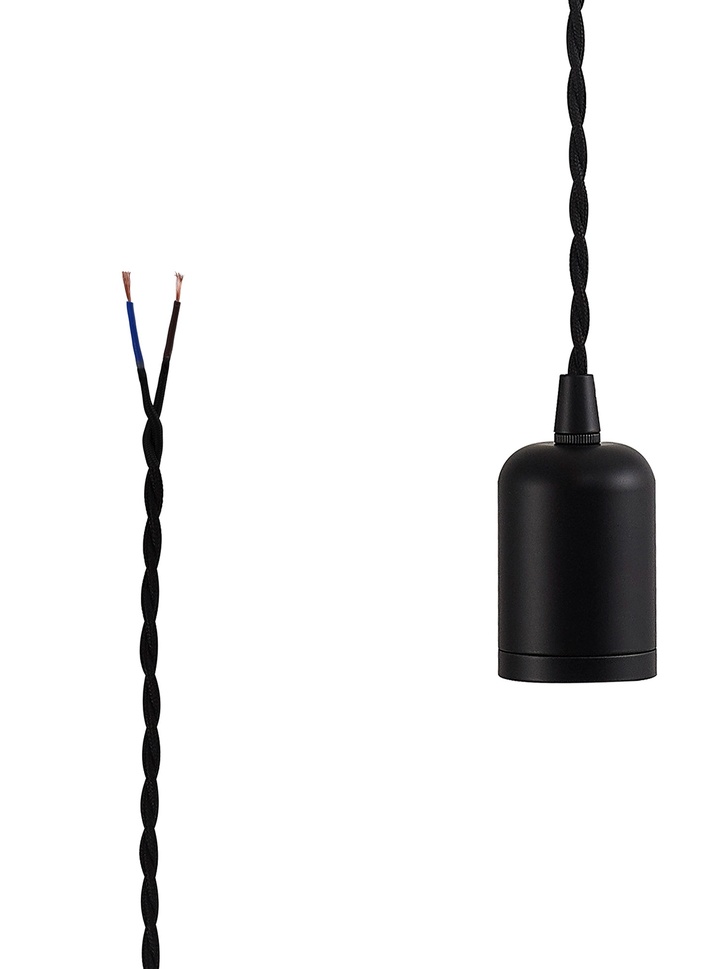 Black E27 Metal Lampholder Kit With Cable Clamp And 3m Black Braided Twisted Cable