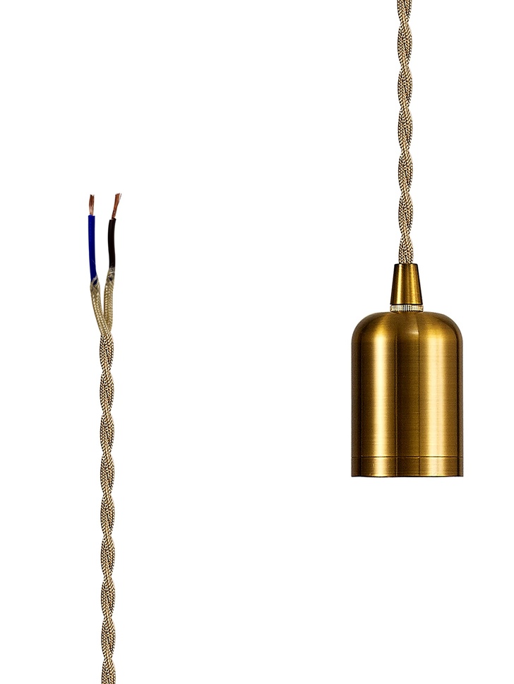 Bronze E27 Metal Lampholder Kit With Cable Clamp And 3m Pale Gold Braided Twisted Cable