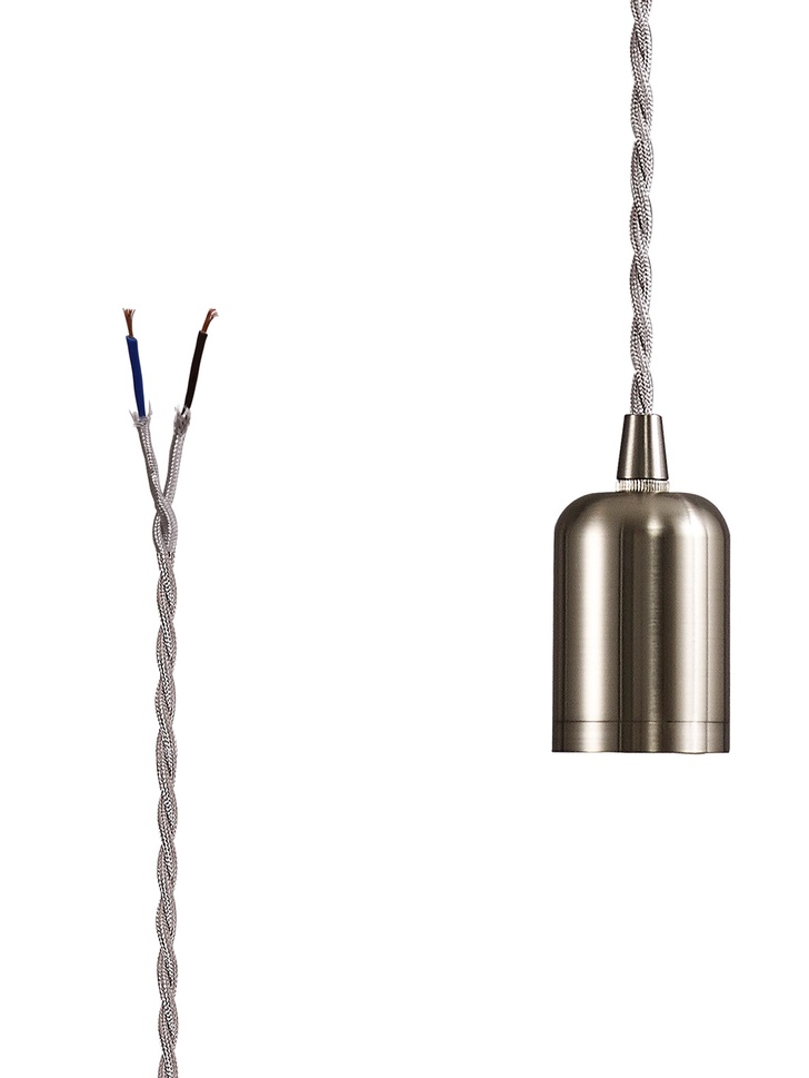 Brushed Nickel E27 Metal Lampholder Kit With Cable Clamp And 3m Silver Braided Twisted Cable