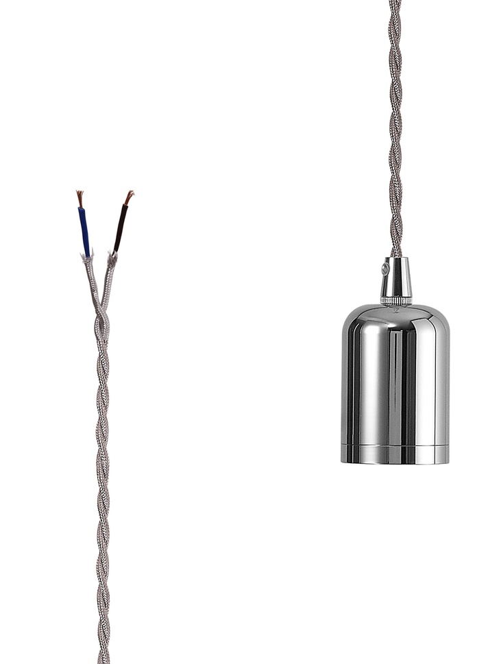 Chrome E27 Metal Lampholder Kit With Cable Clamp And 3m Silver Braided Twisted Cable