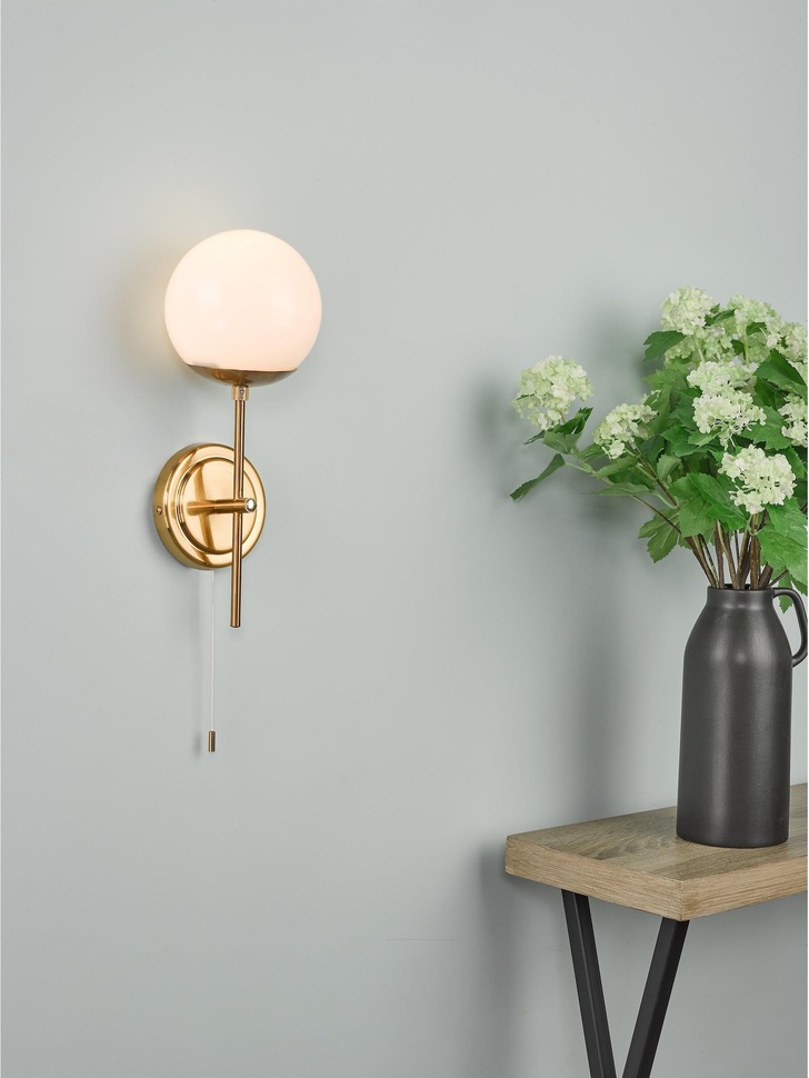 Dar Bombazine Single Wall Light In Natural Brass Complete With Opal Glass